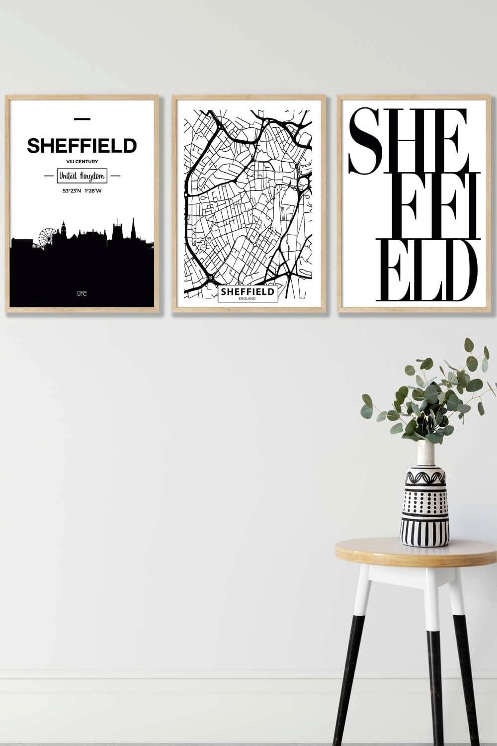 SHEFFIELD Skyline Street Map City Prints Framed Wall Art - Medium